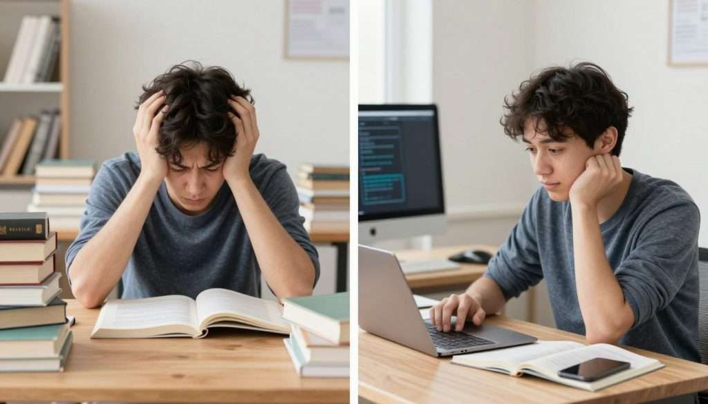 Person transforming from frustrated studying to confident learning with Studying Machine YouTube Channel